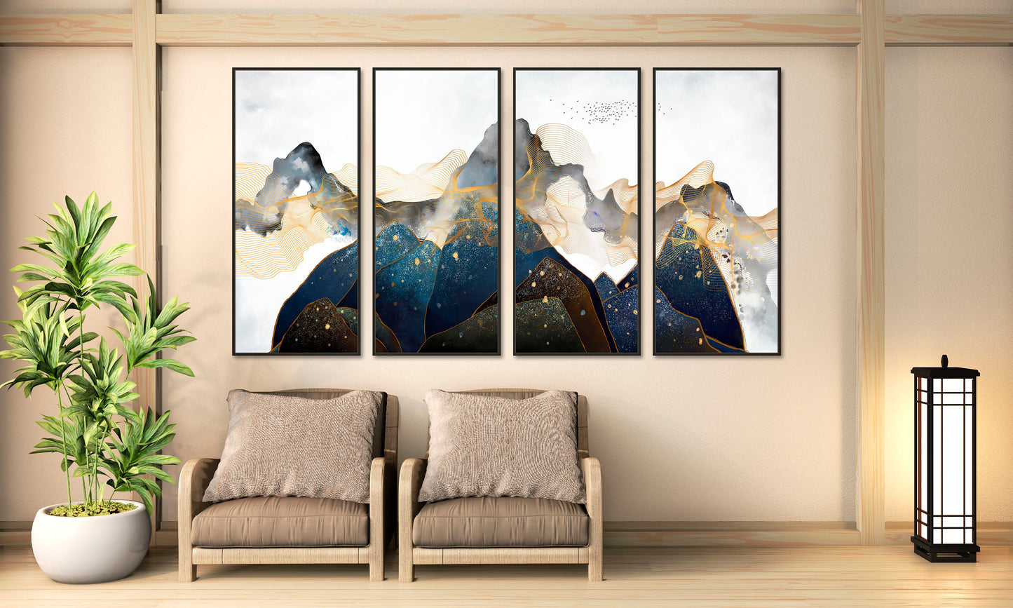 Blue mountains wall art, modern smoky mountains framed canvas wall hanging decor, extra large floater frame nature wall art home wall decor