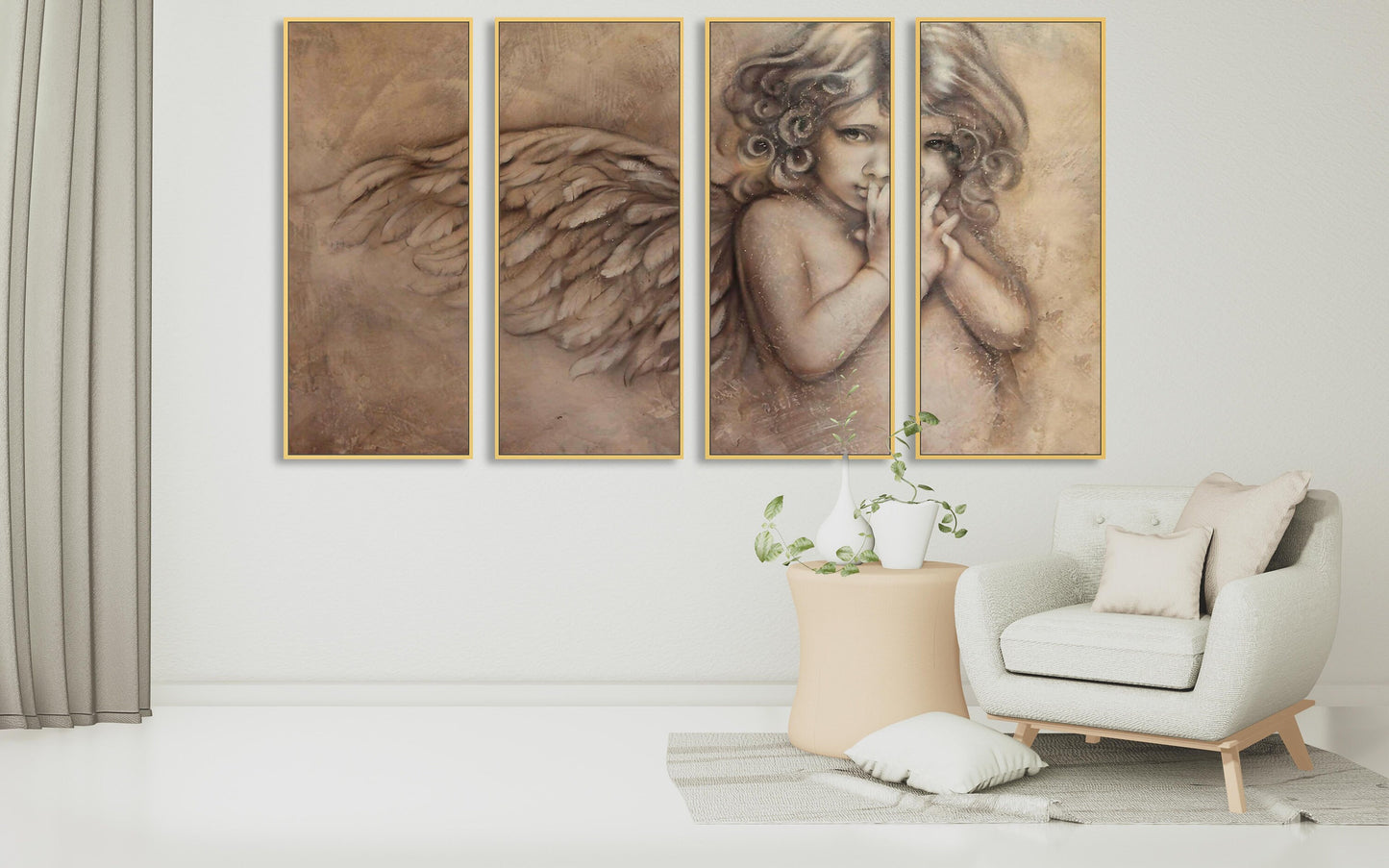 Large angel canvas wall art, religious framed painting on canvas, printable multi panel angel artwork in floater frame, hanging wall decor