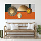 Abstract framed geometrical wall art, large orange floater frame living room canvas print, trendy printable interior picture with circles