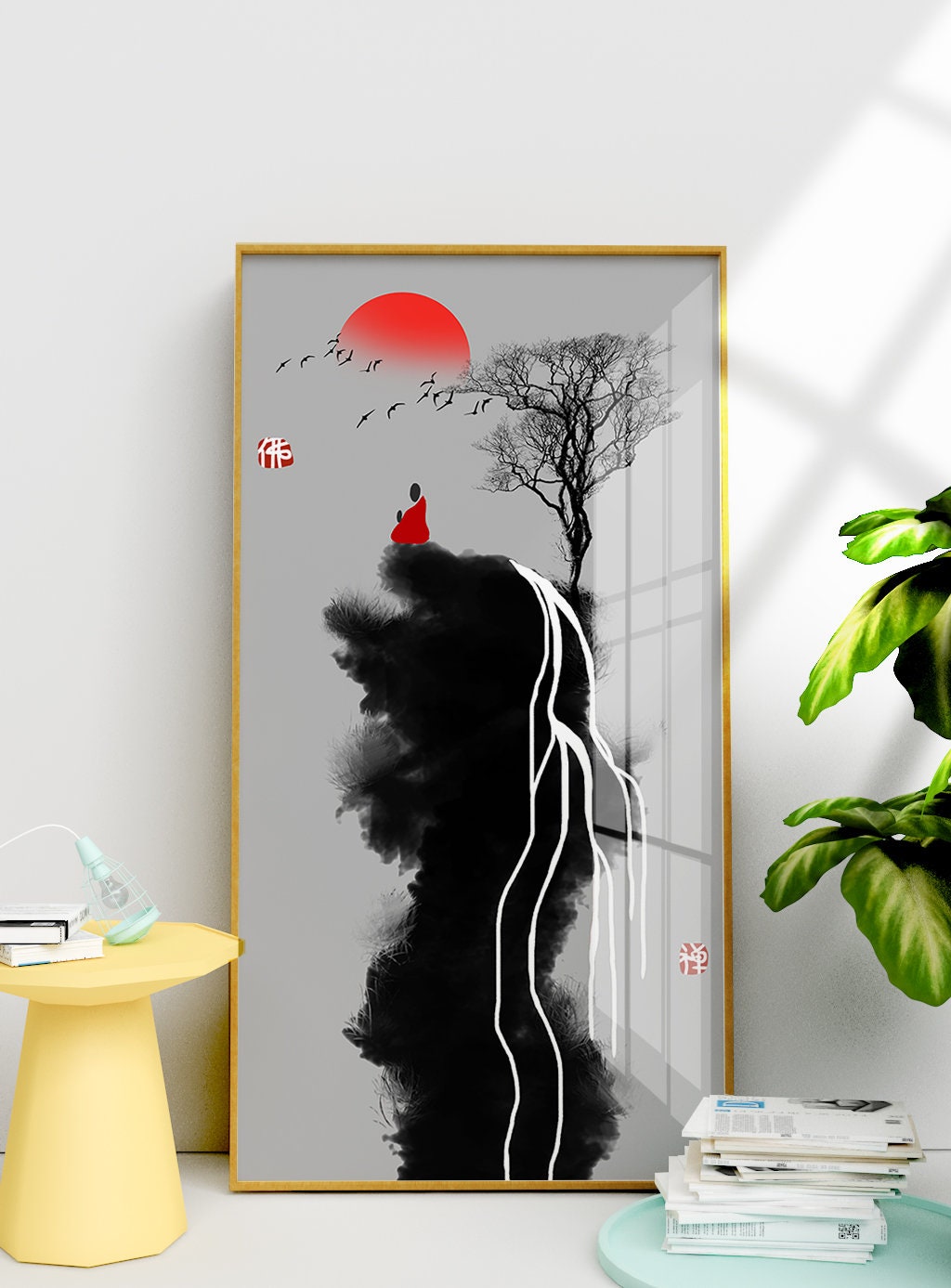 Abstract framed wall art, vertical canvas print, extra large floater frame hanging wall decor, Asian style printable artwork for living room