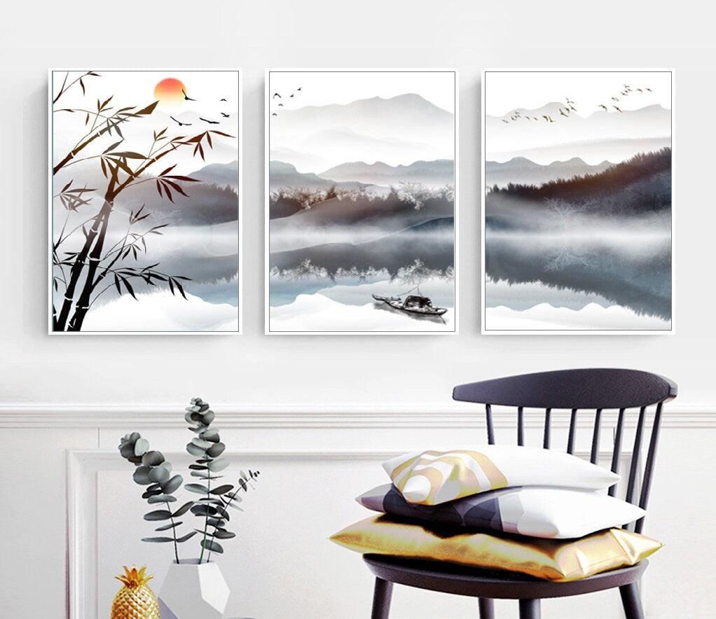 Large asian canvas wall art, smoky mountains hanging wall decor, modern oriental style wall art, printable lanscape artwork for bedroom