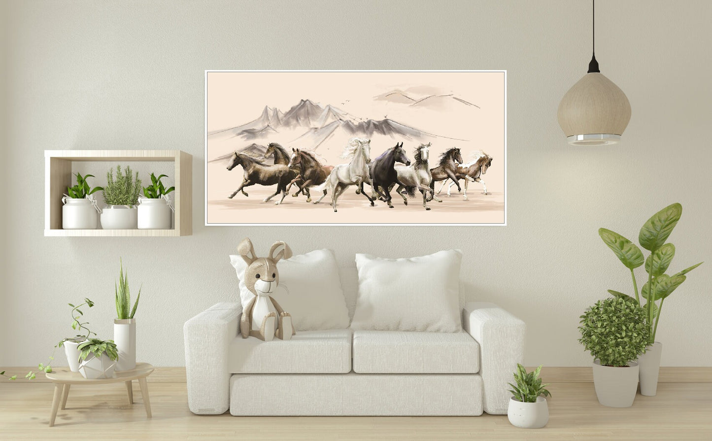 Large framed horses herd wall art, animal hanging wall decor in floater frame, printable western canvas artwork, mountains canvas print