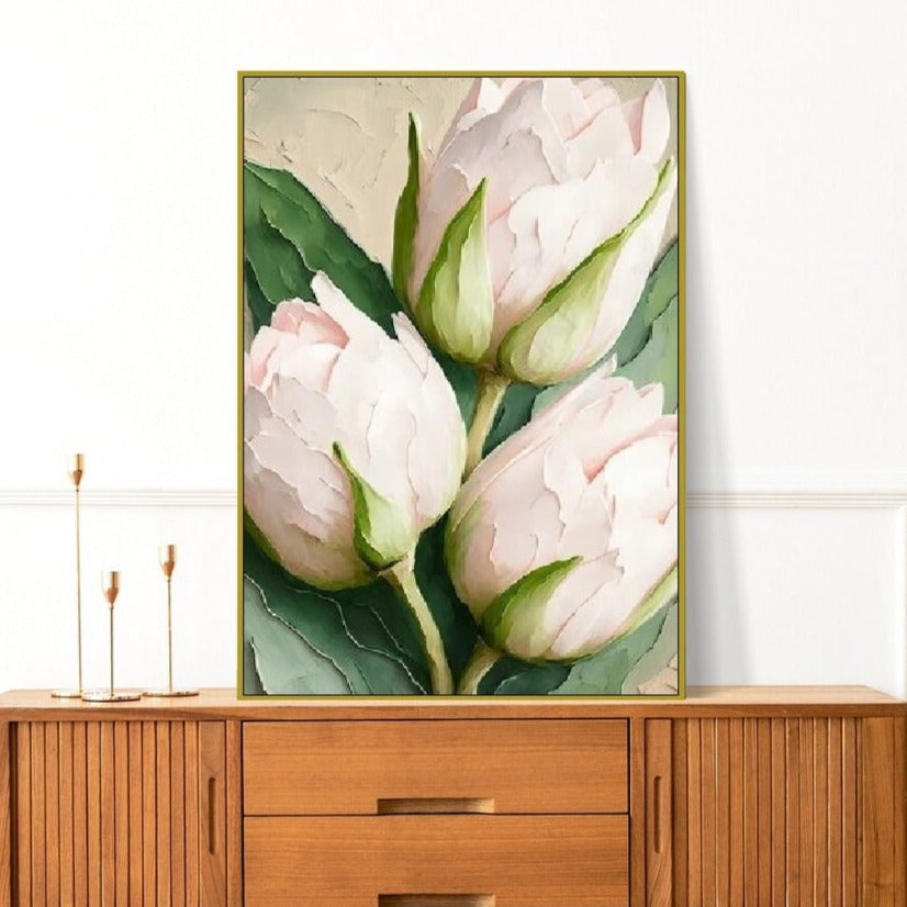 Large floral framed wall art, tulips canvas print in floater frame, vertical oil painting hanging wall decor, printable botanical artwork