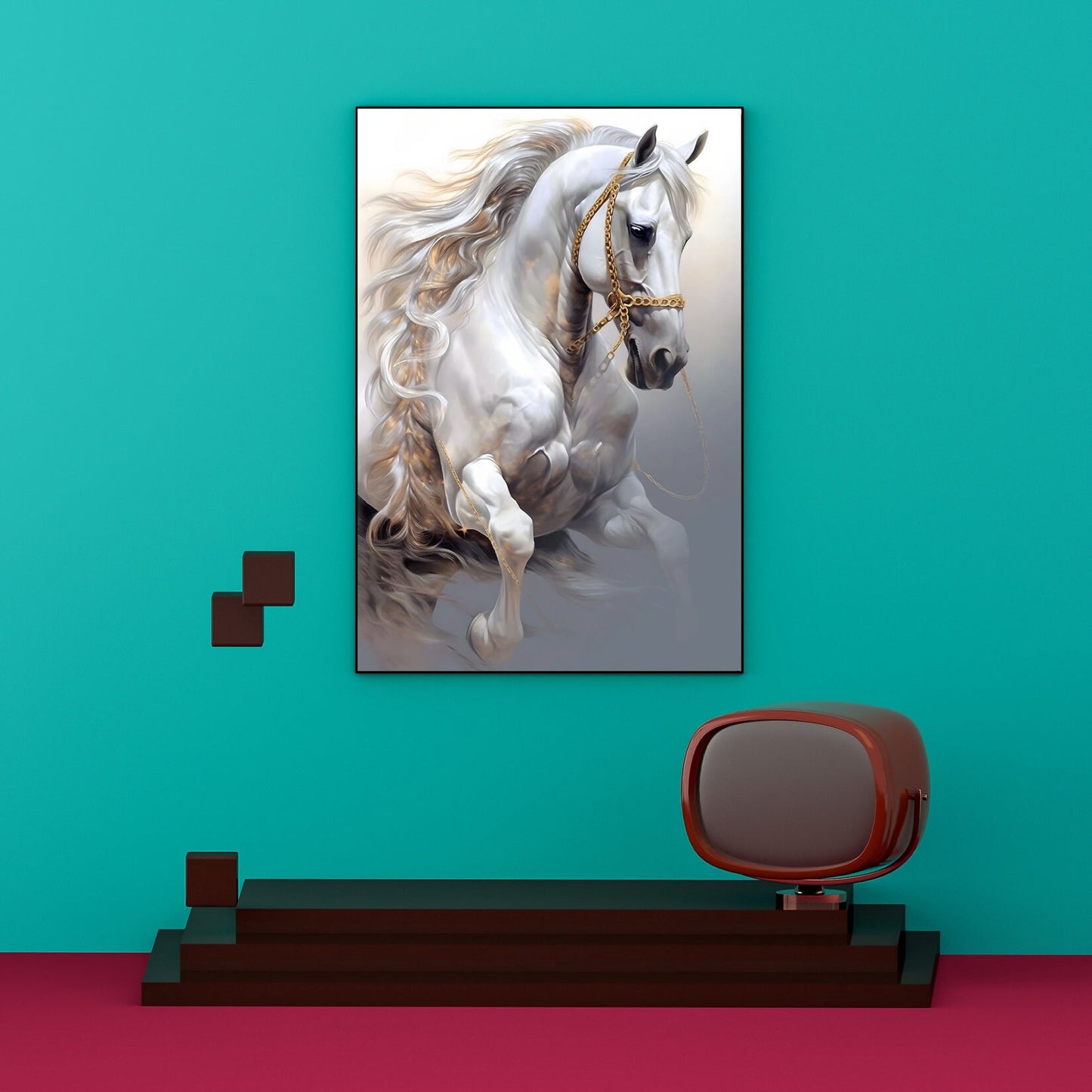 Large horse wall art, framed animals canvas print, floating frame artwork, white horse hanging wall decor, printable grey white wall art