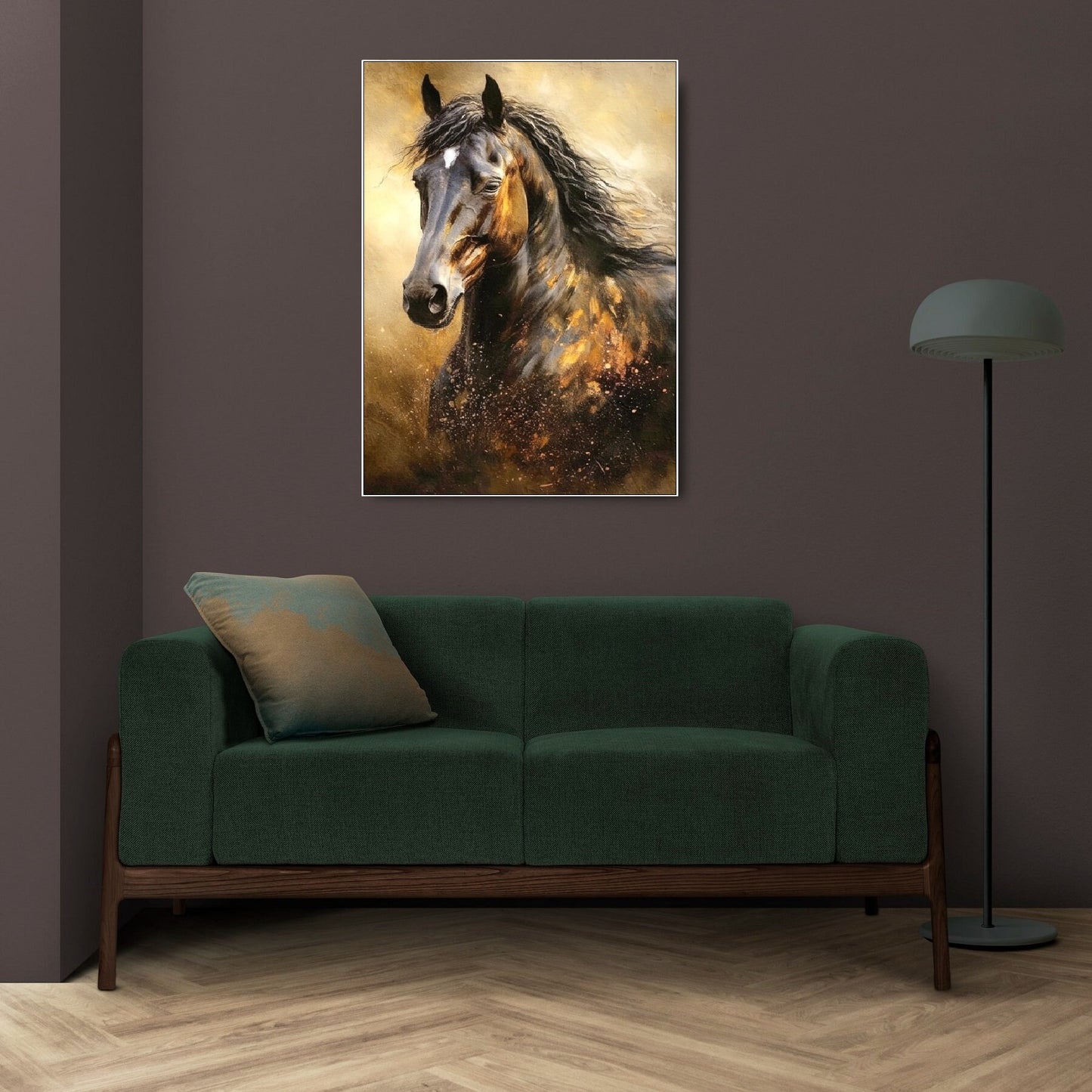 Black horse artwork in floater frame, large animals canvas print, framed dark hanging wall decor, brown black living room wall art