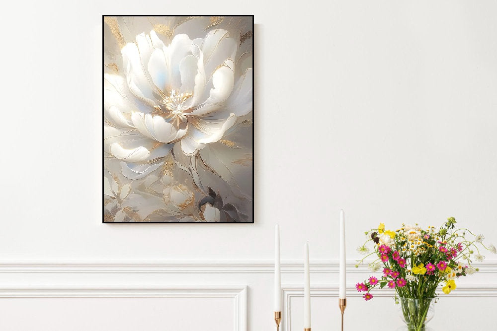 Big flower wall art, large floral canvas print, white wildflower artwork, floating frame oil painting wall art, botanical bedroom artwork