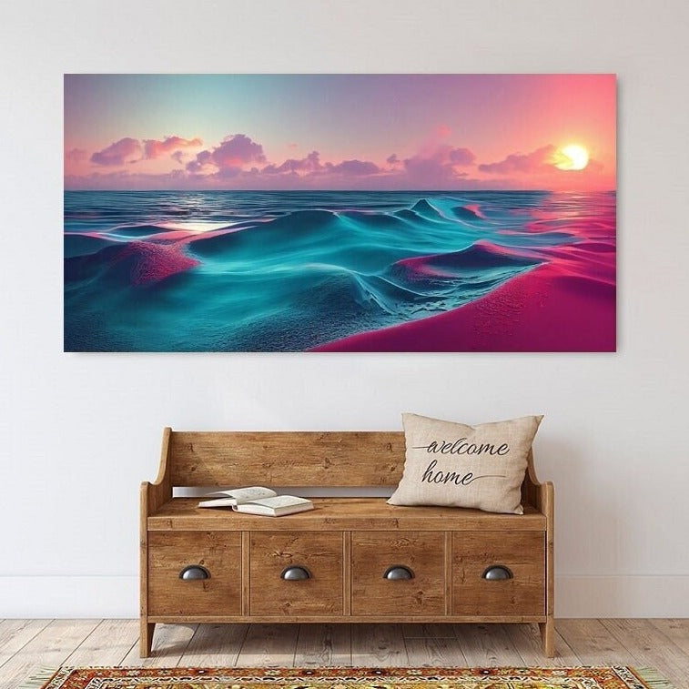 Large seascape wall art, wave canvas print, floater frame marine wall art, blue pink artwork, printable nautical picture for living room