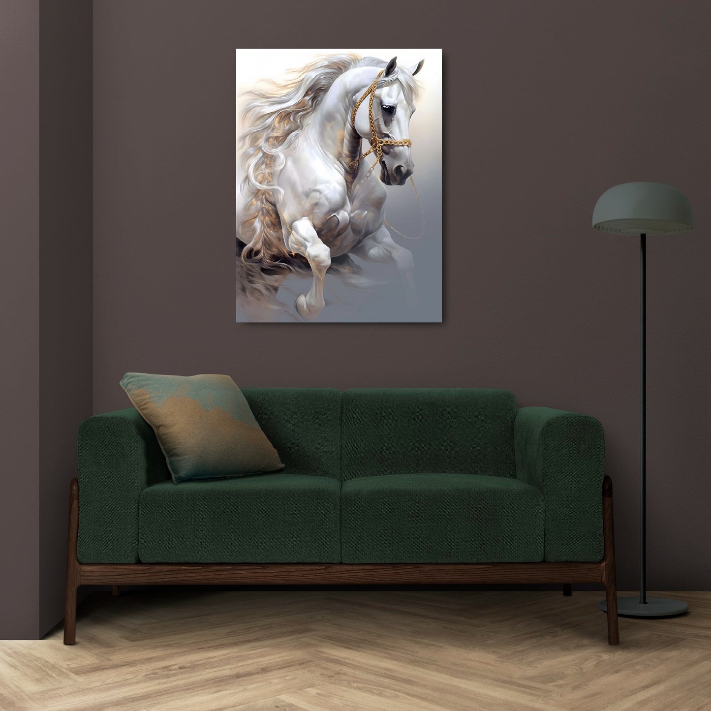 Large horse wall art, framed animals canvas print, floating frame artwork, white horse hanging wall decor, printable grey white wall art