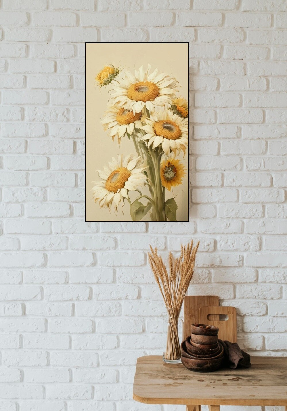 Сhamomile framed wall art, large botanical artwork in floating frame, printable flowers wall art, vertical floral canvas print for bedroom