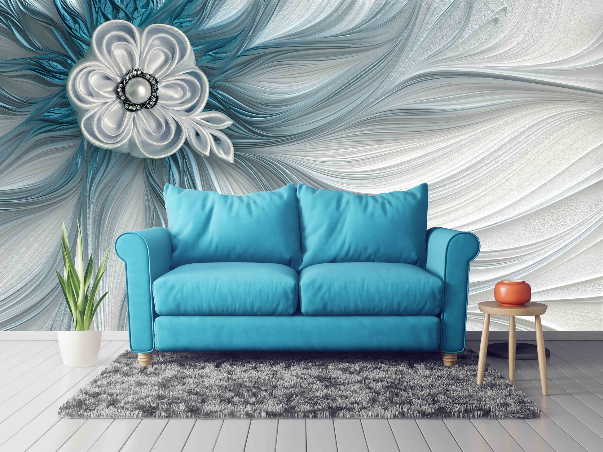 Blue removable wallpaper Flowers wallpaper Floral Peel and stick wallpaper Textured wallpaper adhesive wallpaper Botanical wallpaper