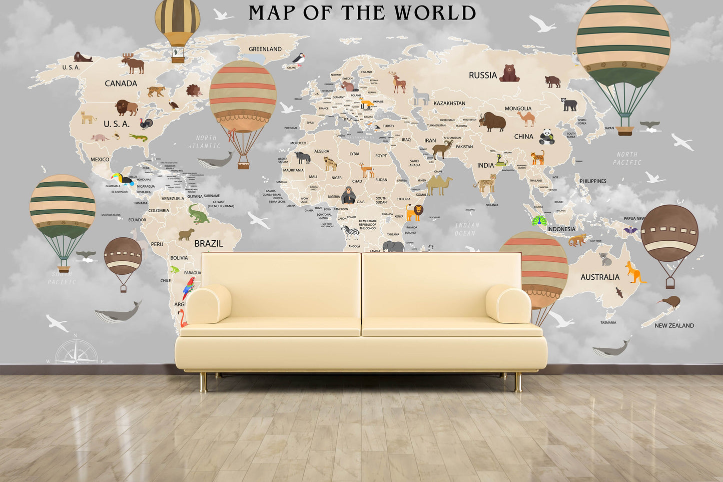 Animal world map World map mural Removable wallpaper Textured wallpaper nursery wallpaper vinyl wallpaper modern wallpaper wall print art