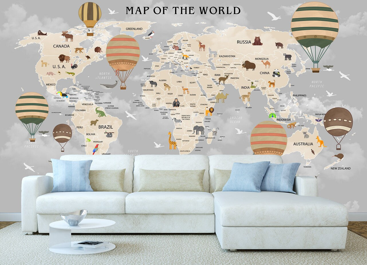 Animal world map World map mural Removable wallpaper Textured wallpaper nursery wallpaper vinyl wallpaper modern wallpaper wall print art