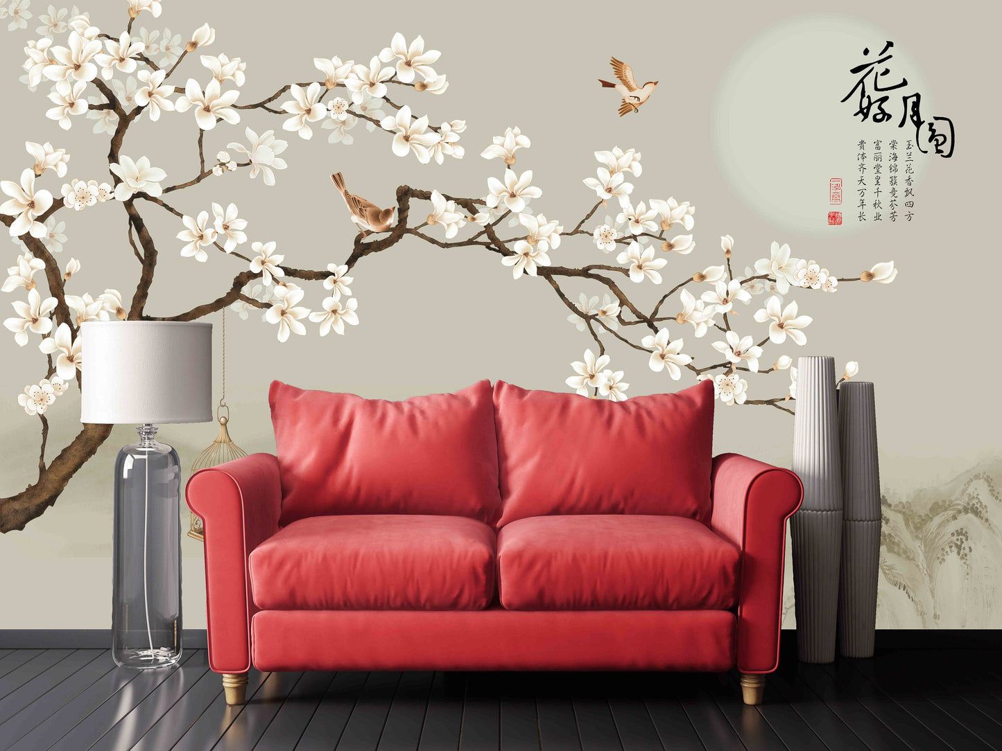 Sakura blossoms Japanese wall art Flowers wallpaper Peel&stick wallpaper Asian wall art Botanical removable wallpaper Chinoiserie wallpaper