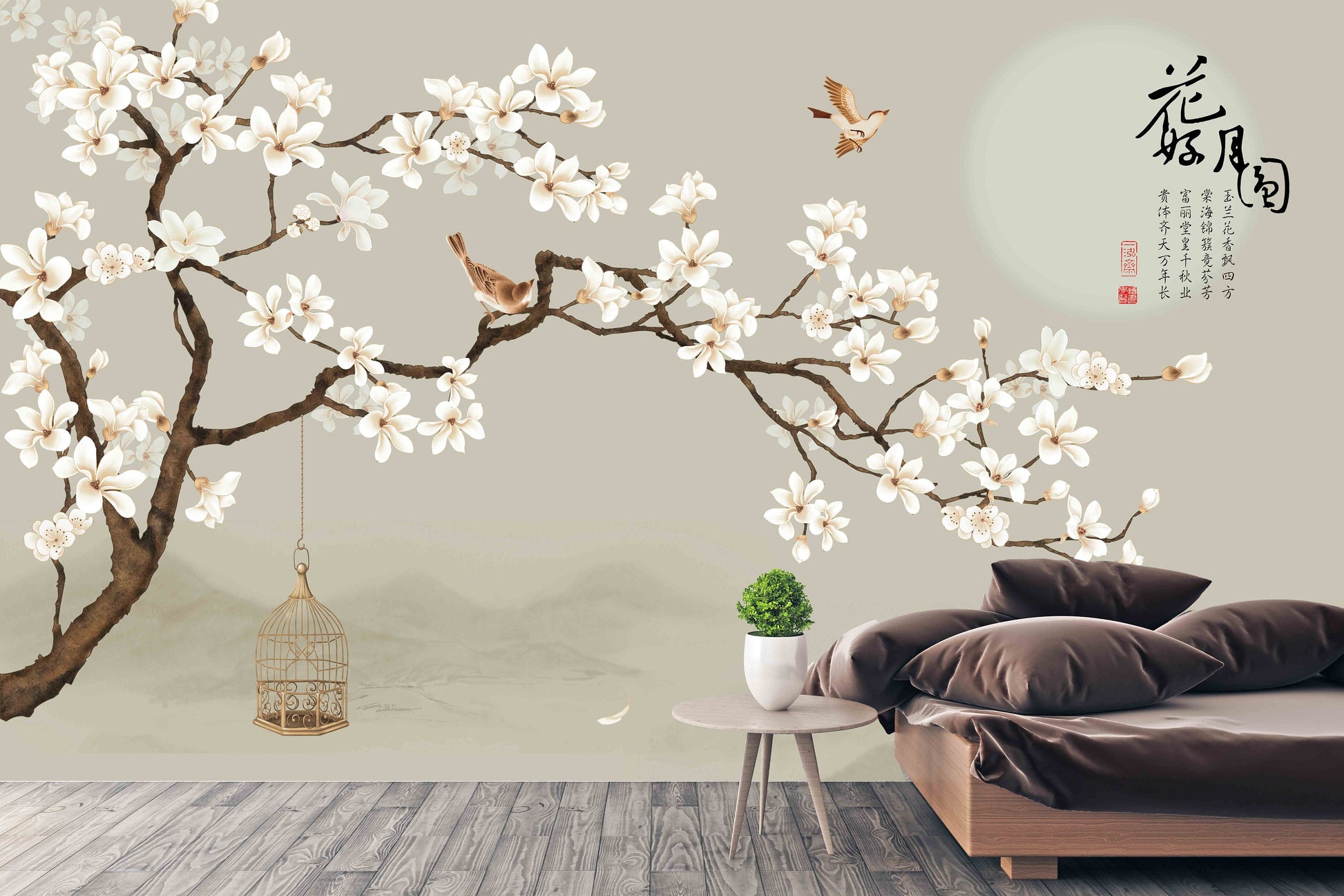 Sakura blossoms Japanese wall art Flowers wallpaper Peel&stick wallpaper Asian wall art Botanical removable wallpaper Chinoiserie wallpaper