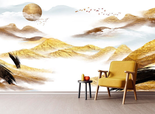 Peel and stick wall mural great smoky mountains, Removable gold and white bedroom wallpaper abstract, Minimalist decor wall art