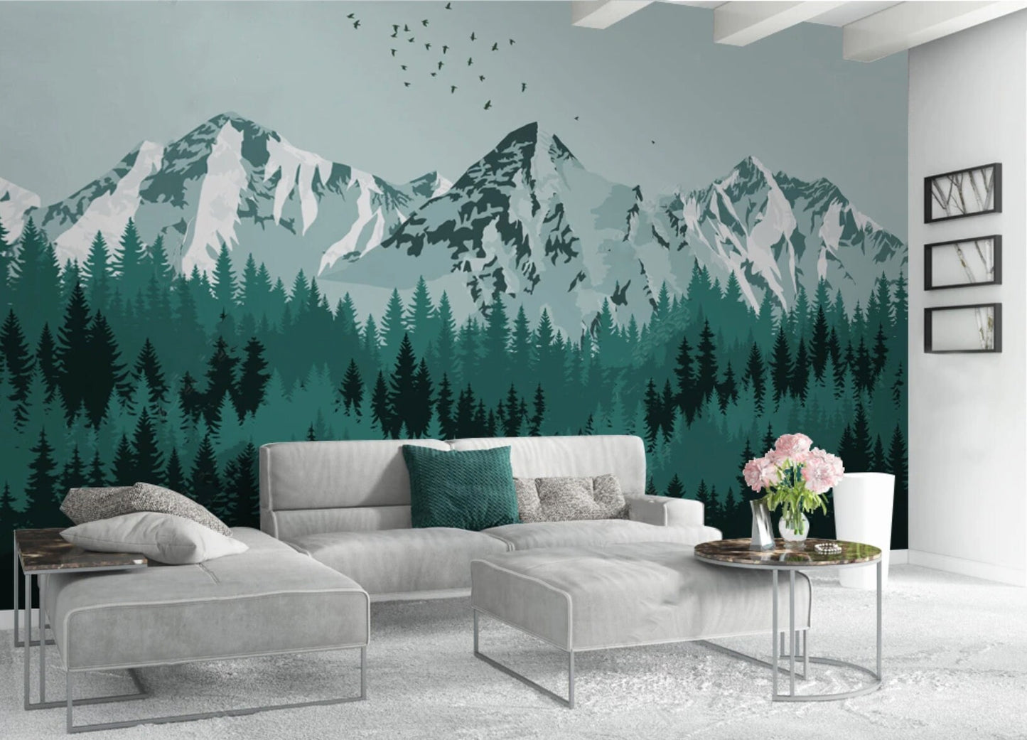 Mountains wallpaper peel and stick wall mural, green wallpaper, forest wallpaper, nature wall covering removable, self adhesive