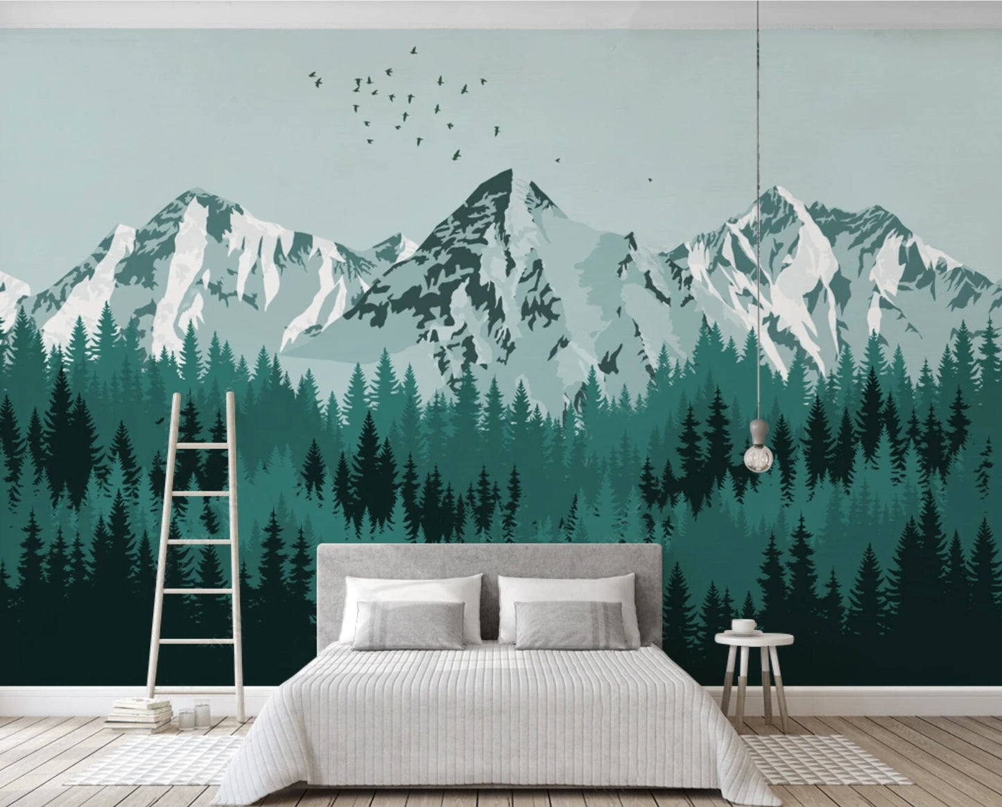 Mountains wallpaper peel and stick wall mural, green wallpaper, forest wallpaper, nature wall covering removable, self adhesive