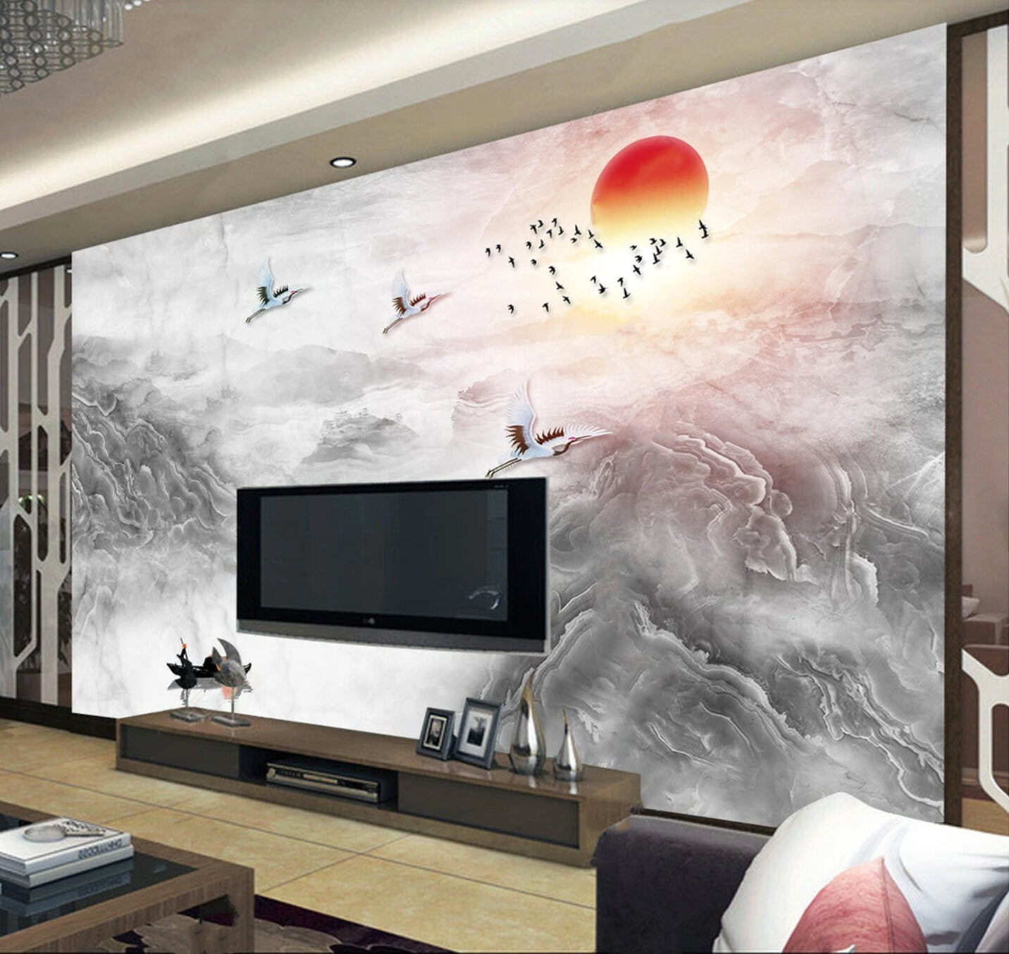 Asian gray marble wallpaper, chinoiserie japanese wallpaper, wall mural prints peel&stick wallpaper, smoky mountains, rising sun wall decal