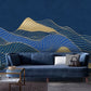 Foggy hills wall mural sticker, blue and gold peel and stick wallpaper, abstract wallpaper, modern mountain vinyl mural, canvas wallpaper