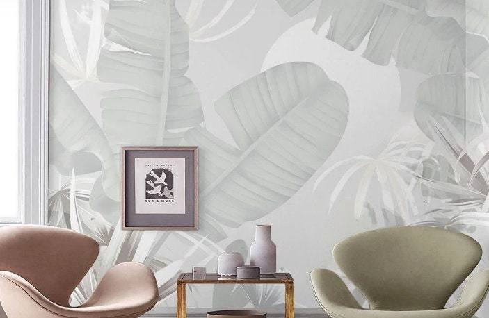 Banana leaf wallpaper, tropical leaf wallpaper peel and stick wall mural, vinyl wallpaper, gray floral wallpaper, banana leaf mural