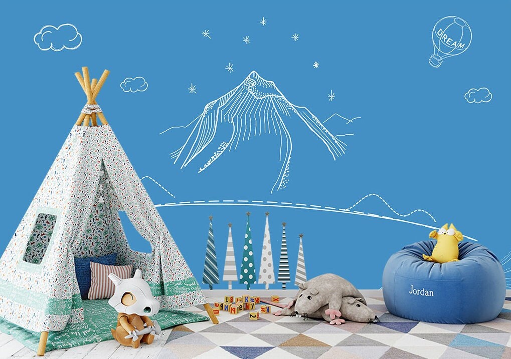 Mountain for nursery decor, baby boy peel and stick mural, kids room wallpaper, nursery wall mural, mountain wall mural, baby blue wallpaper