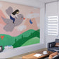 Nursery pastel wallpaper, temporary play room wall décor with girl on bird, self adhesive green and pink kids removable mural