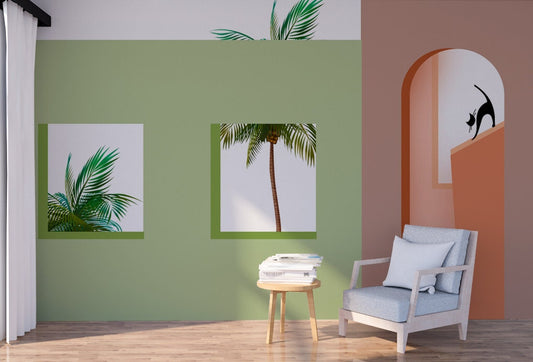 Tropical abstract peel stick mural, large palm rtee self adhesive wall mural, green and pink temporary canvas wallpaper, trendy vinyl mural