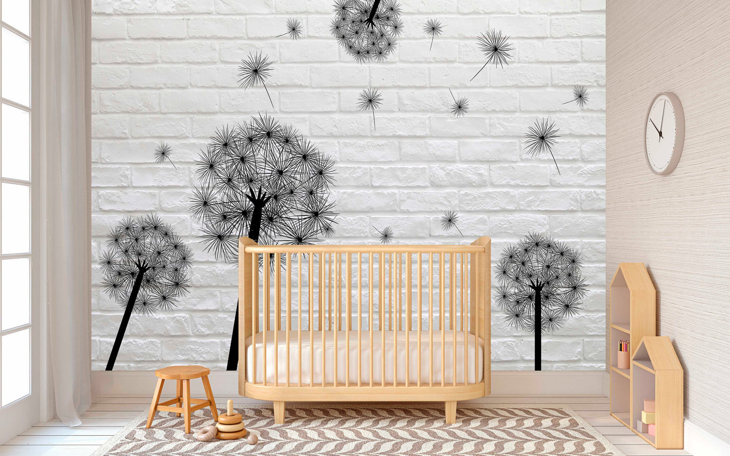 Large floral peel and stick wallpaper, black white self adhesive wall mural, accentual loft wall decal, removable dandelion wallcovering