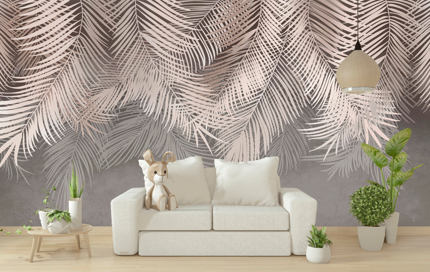 Tropical leaves self adhesive wall mural, large nature peel and stick wallpaper, accentual grey white wallcovering, removable wallpaper