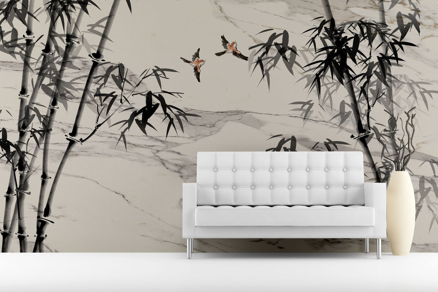 Botanical self adhesive wallpaper, peel stick wall mural with bamboo, accentual asial style wallcovering, removable black white wallpaper