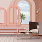 Large pink self adhesive wallpaper, self adhesive arch wall mural, accentual mid century wall decal, temporary canvas wallpaper with window