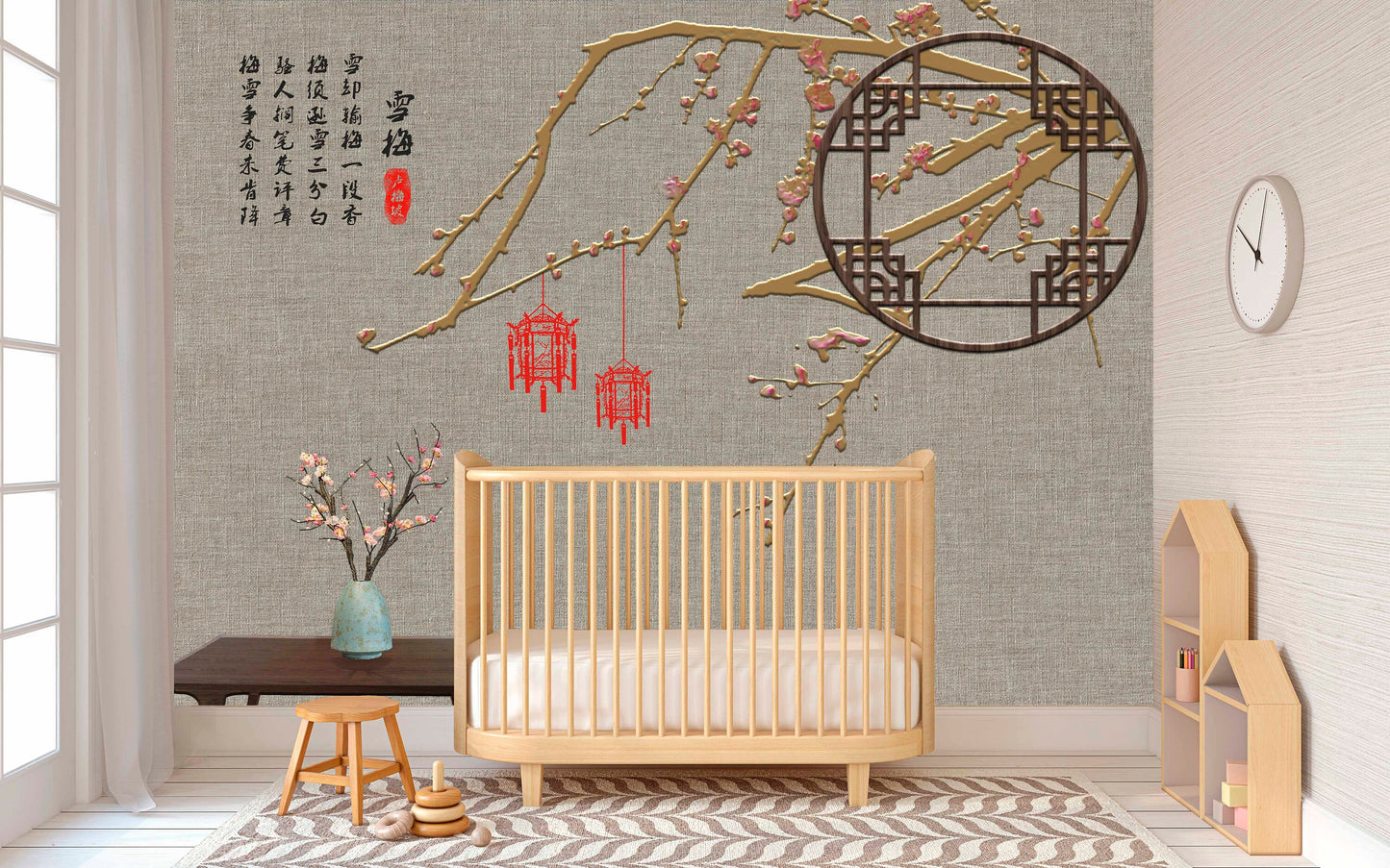 Extra large Japanese wallpaper, peel and stick Asian wall mural, self adhesive gray wallpaper with hieroglyphs, abstract oriental wall decal