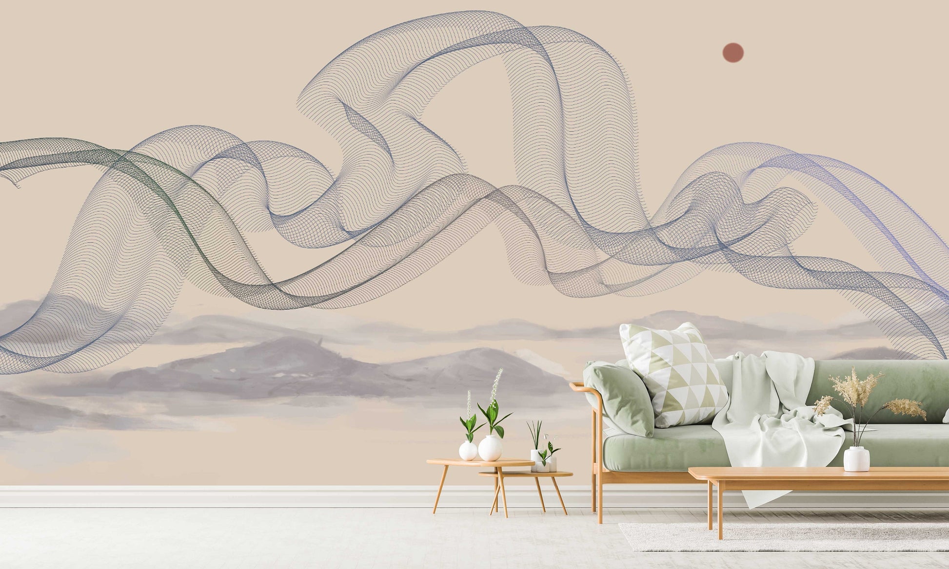 Extra large abstract wave peel stick wall mural, self adhesive beige wallpaper, accentual bedroom wallpaper, modern landscape wall mural