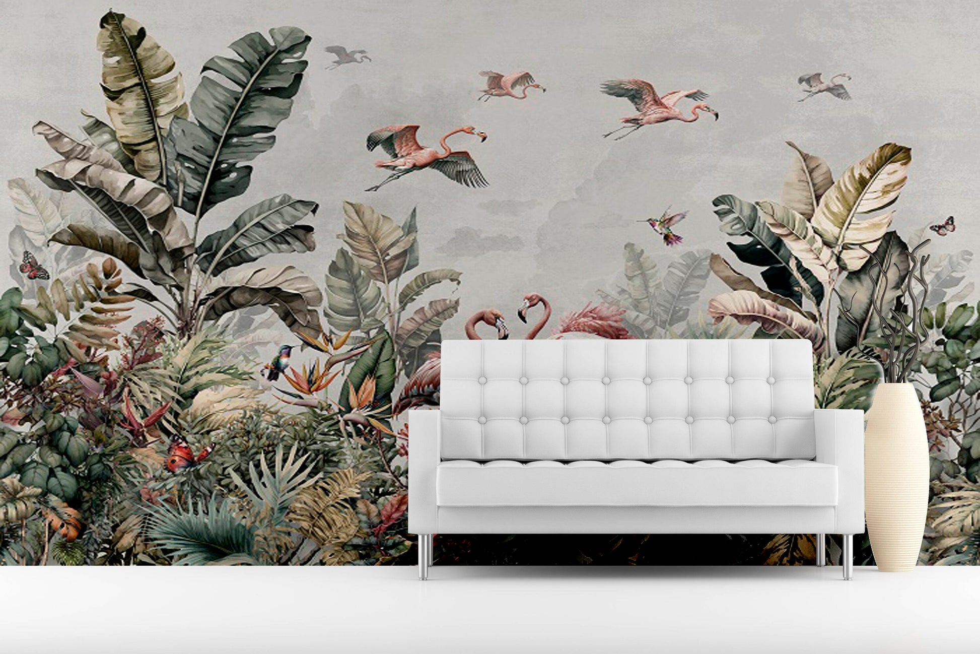 Large tropical self adhesive wall mural, beel and stick botanical wallpaper, accentual flamingo wallcovering, banana leaf canvas wallpaper