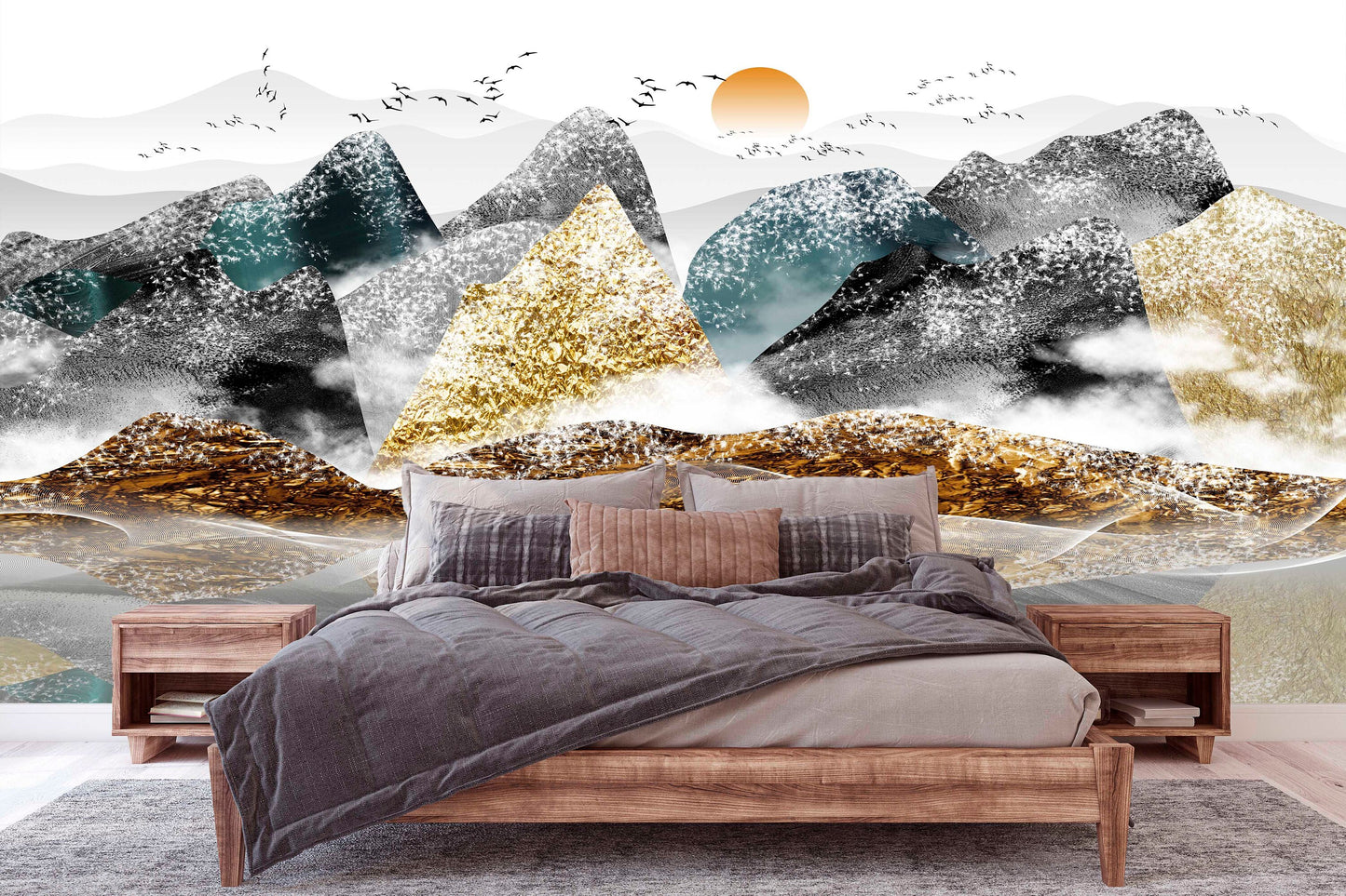 Abstract mountains wall decal, large peel and stick landscape wallpaper, black gold self adhesive wall mural, accentual Japanese wallpaper