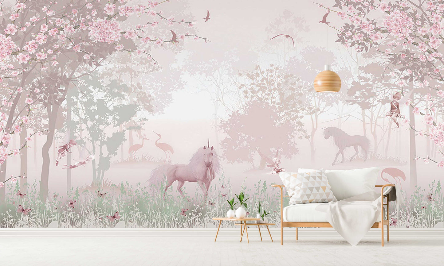 Fairy peel stick wallpaper, cherry blossom self adhesive wall mural, accentual pink wallpaper, extra large removable nursery wallcovering