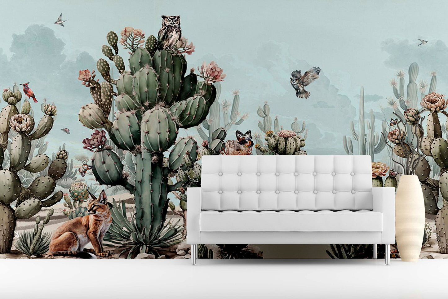 Cactus self adhesive wall mural, large tropical wallpaper, removable botanical wallpaper, accentual animals wallcovering, temporary mural