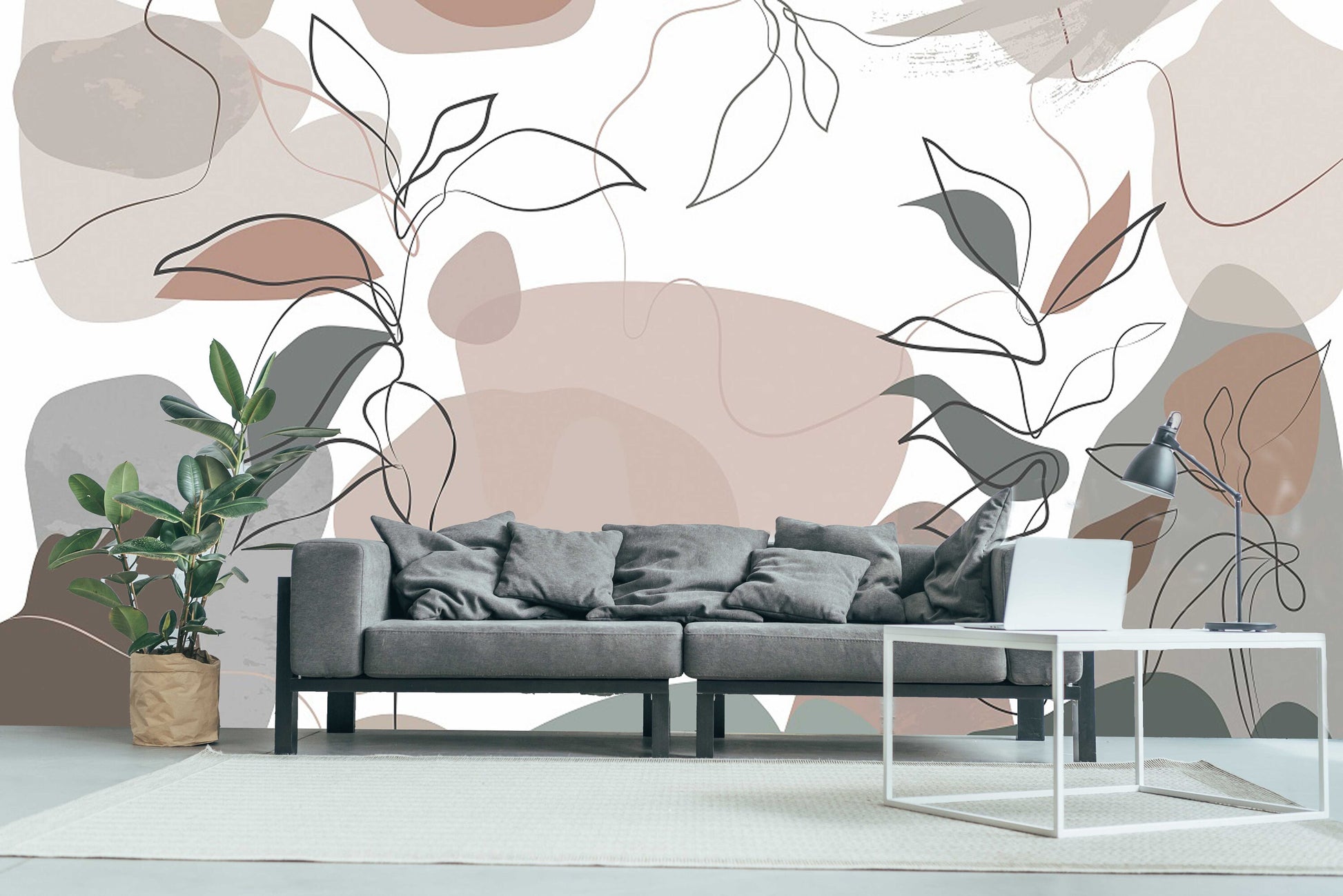 Extra large abstract self adhesive wallpaper, botanical peel and stick wall mural, accentual grey pink wallpaper, removable canvas wallpaper