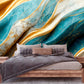 Abstract large peel and stick wall mural, self adhesive blue gold wallpaper, removable marble photo wallpaper, accentual wall decal