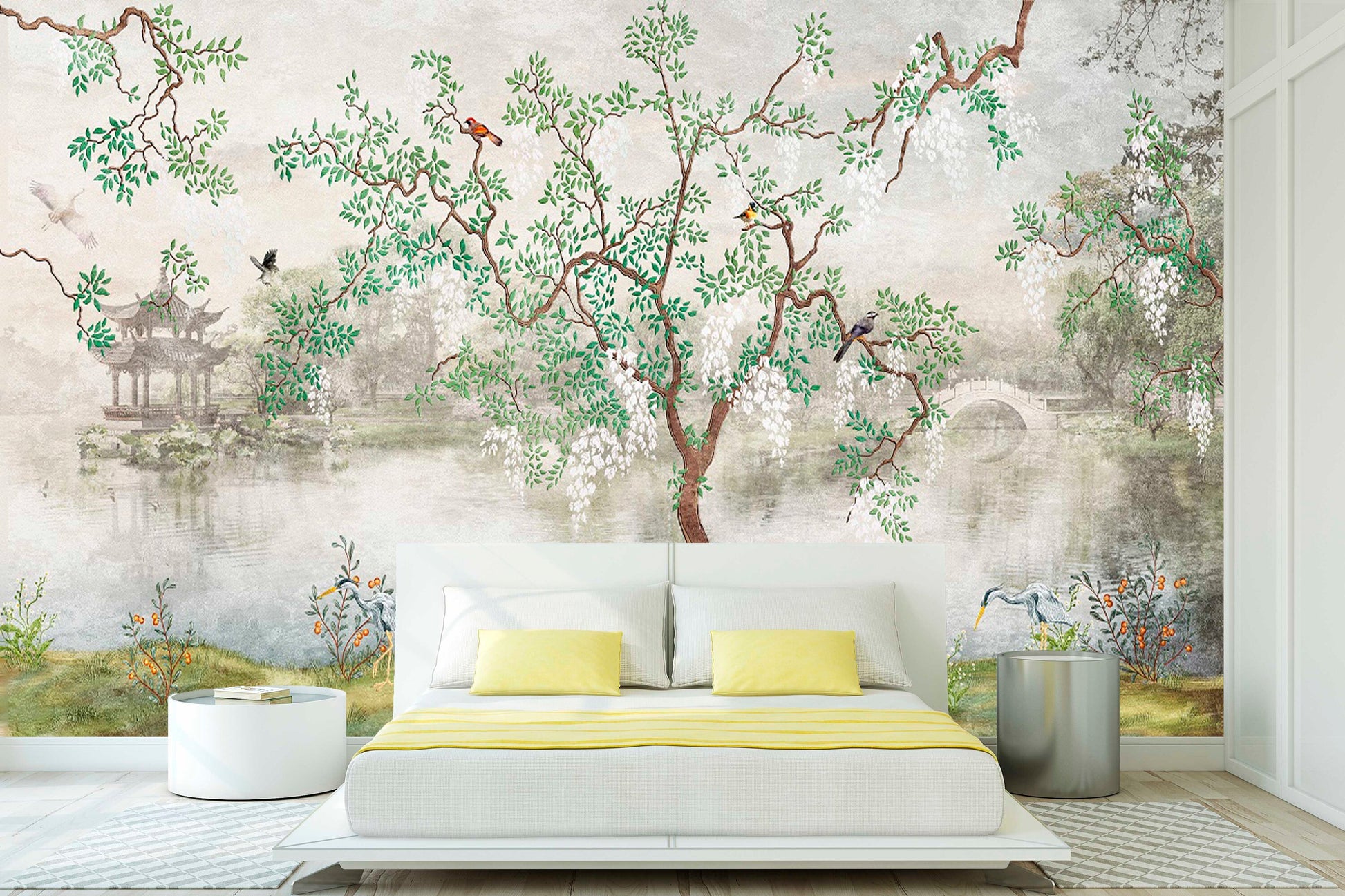 Large botanical peel and stick wallpaper, self adhesive Japanese wall mural, removable Asian canvas wallpaper, temporary nature wall mural