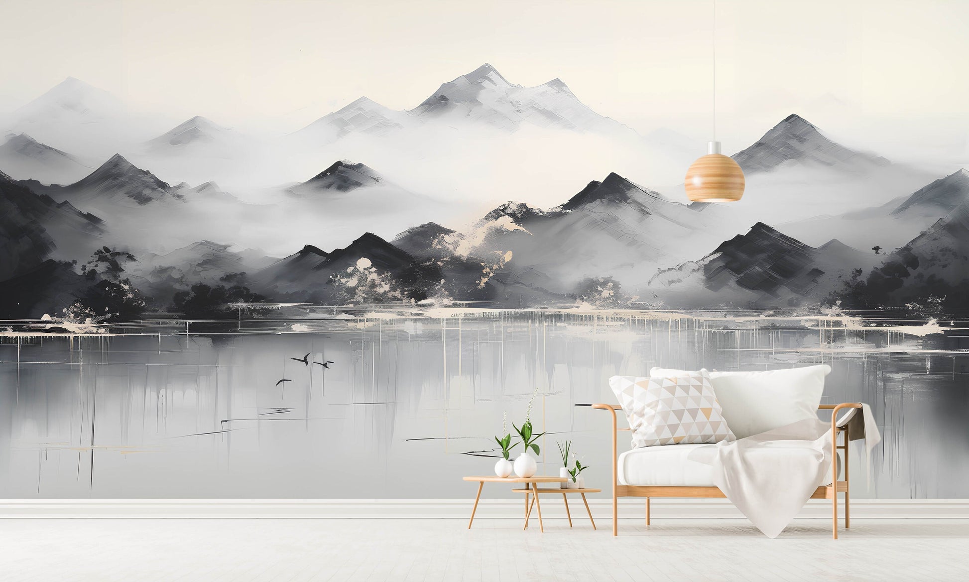 Smoky mountains self adhesive wallpaper, extra large landscape wall mural, astract peel and stick wallpaper, temporary white black mural