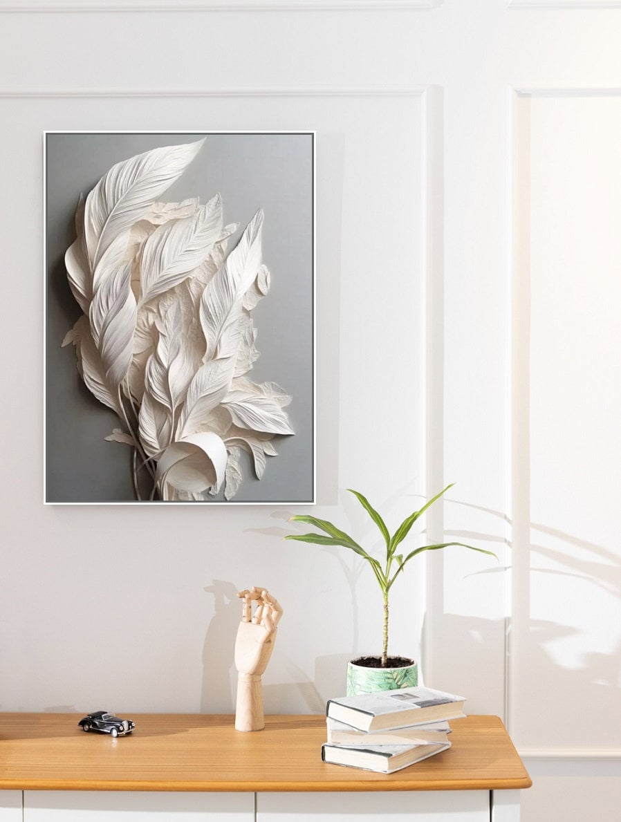 3d feathers canvas print, framed volumetrical wall art, white feathers artwork, large modern wall art, floater frame living room wall art