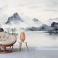 Extra large foggy mountains wallpaper, self adhesive black white wall mural, accentual landscape peel stick wallpaper, abstract wallpaper