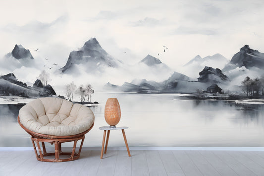 Extra large foggy mountains wallpaper, self adhesive black white wall mural, accentual landscape peel stick wallpaper, abstract wallpaper