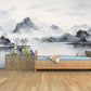 Extra large foggy mountains wallpaper, self adhesive black white wall mural, accentual landscape peel stick wallpaper, abstract wallpaper